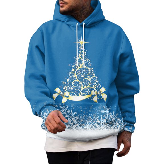 Men's Casual Pullover Hoodie with Christmas Tree Graphic Print Long Sleeve Drawstring Hooded Sweatshirt Top Blue L