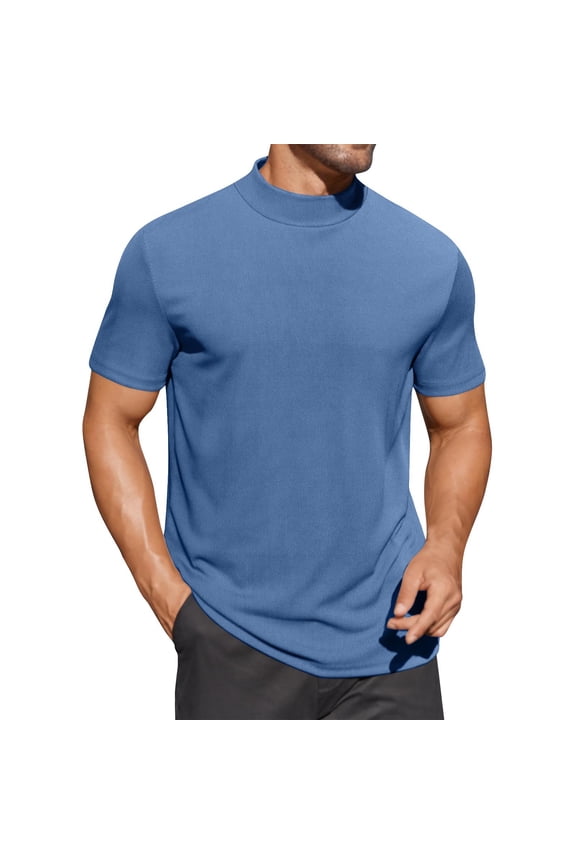 Men's Casual Pullover, Short Sleeve Round Neck Shirt, Solid Color Polyester Blend Top for Daily Wear