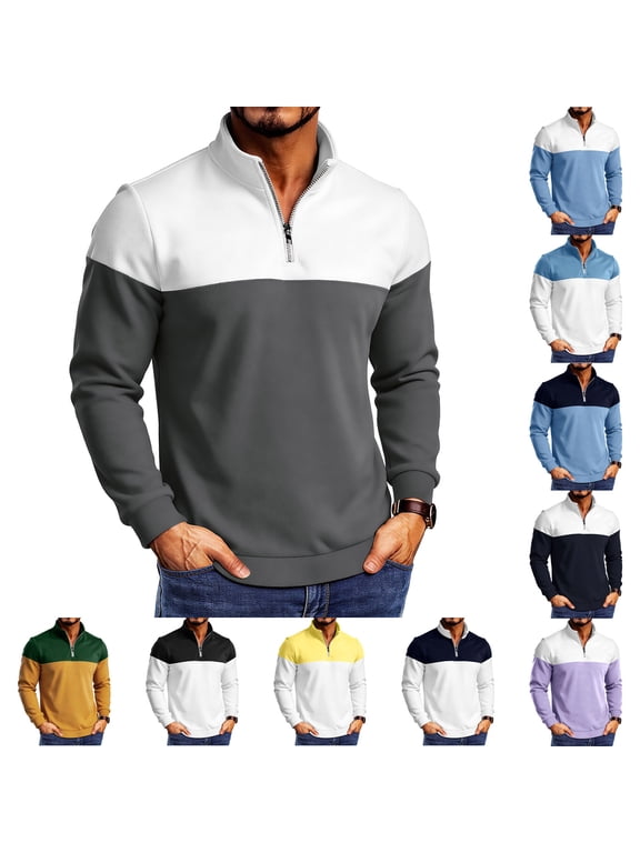 Men's Casual Pullover Sweatshirt Polyester Solid Patchwork Zipper Standing Collar Long Sleeve Comfort Stretch Fashion | Zenithor,Black L