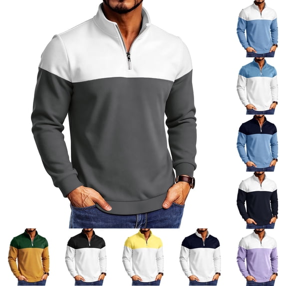 Men's Casual Pullover Sweatshirt Polyester Solid Patchwork Zipper Standing Collar Long Sleeve Comfort Stretch Fashion | Zenithor,Dark Gray 2XL