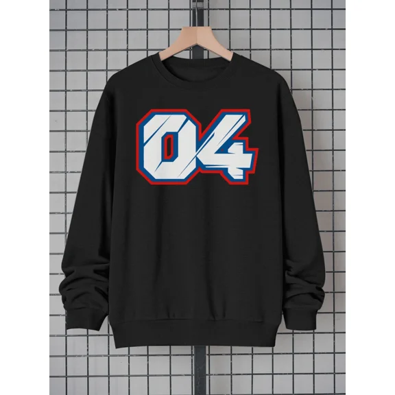 Men's Casual Pullover Sweatshirt With Bold 04 Graphic Print,Stylish Crew Neck Top For Everyday Wear,Red And Blue Outline Number Design