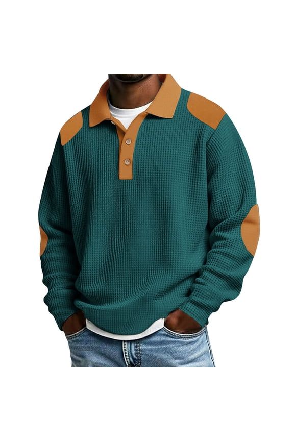 Men's Casual Pullover Tees Soft Waffle Knit Shirts Lapel Collar Button Front Clothing Long Sleeve Comfortable Outfits Relaxed Fit Essential Tops Everyday Casual Sweatshirt