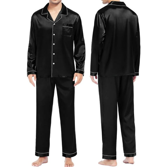 Men's Casual Pyjamas Long Sleeve Blouse Button Silk Satin Two Piece Sleepwear Suit Pant Pyjama, Long Sleeve Modal Pajamas with Elastic Cuffs, Two-Piece Loungewear Sets with Drawstring Waist