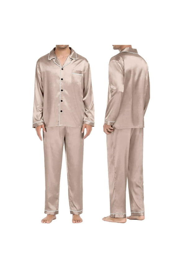 Men's Casual Pyjamas Long Sleeve Blouse Button Silk Satin Two Piece Sleepwear Suit Pant Pyjama, Maternity Nursing Nightdress with Side Openings, Plus Size Loose-Fit Pajamas for Curvy Women