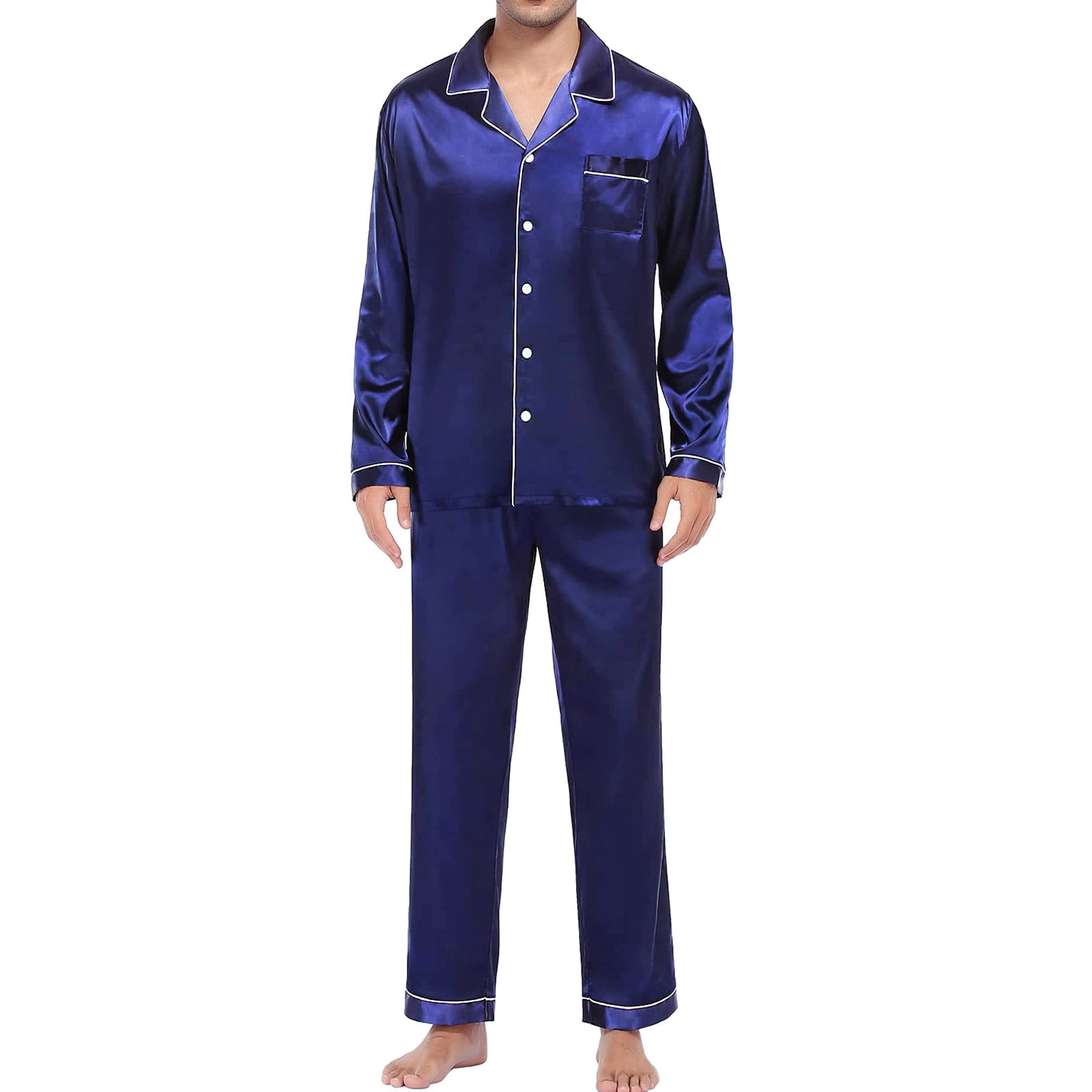 Men's Casual Pyjamas Long Sleeve Blouse Button Silk Satin Two Piece ...
