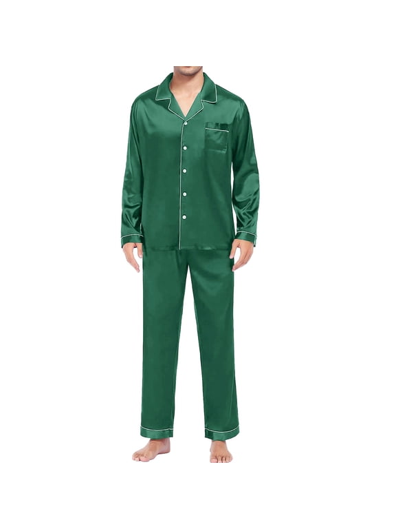 Men's Casual Pyjamas Long Sleeve Blouse Button Silk Satin Two Piece Sleepwear Suit Pant Pyjama