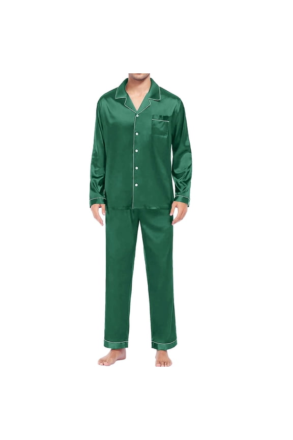 Men's Casual Pyjamas Long Sleeve Blouse Button Silk Satin Two Piece Sleepwear Suit Pant Pyjama