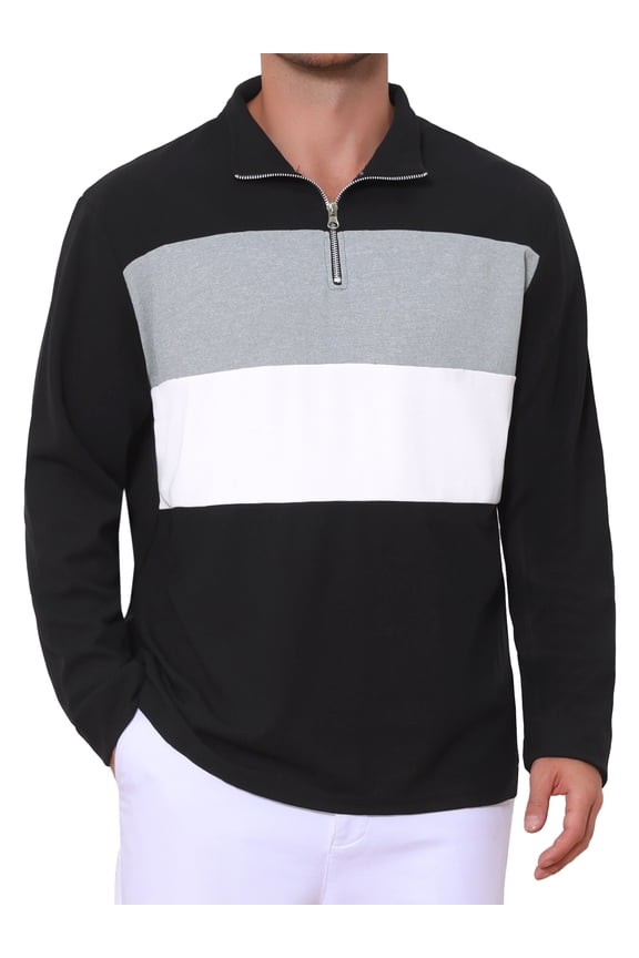 Men's Casual Quarter Zip Pullover Color Block Long Sleeves Polo T-Shirts 3XL Black