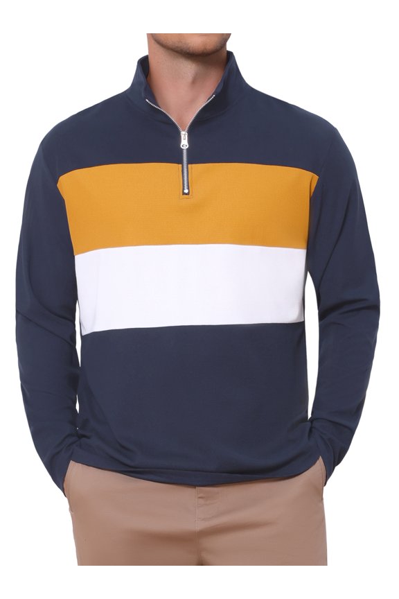 Men's Casual Quarter Zip Pullover Color Block Long Sleeves Polo T-Shirts M Navy Blue