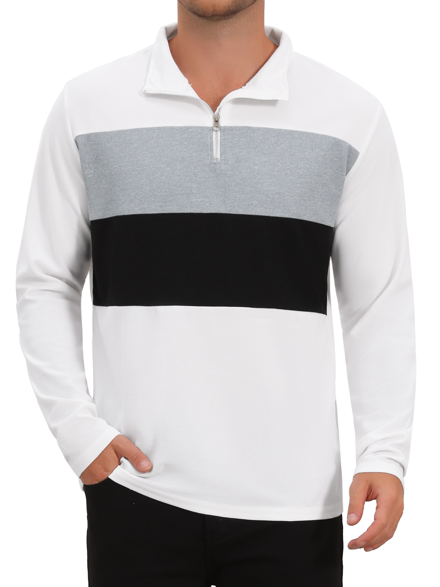 Men's Casual Quarter Zip Pullover Color Block Long Sleeves Polo T-Shirts M White