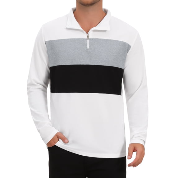 Men's Casual Quarter Zip Pullover Color Block Long Sleeves Polo T-Shirts XL White