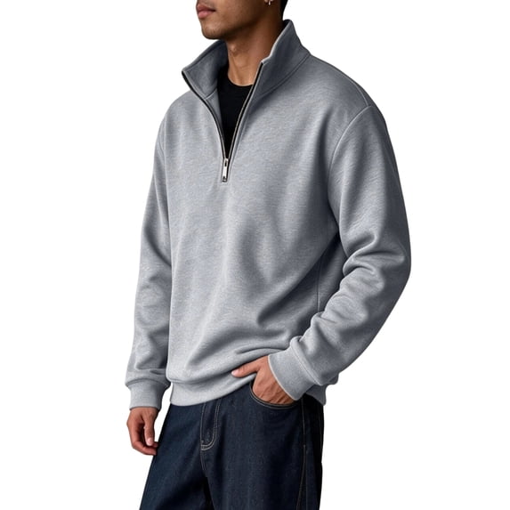 Men's Casual Quarter Zip Sweatshirt with Stand Collar Design Solid Color Long Sleeve Fleece Pullover for Sports and Daily Wear