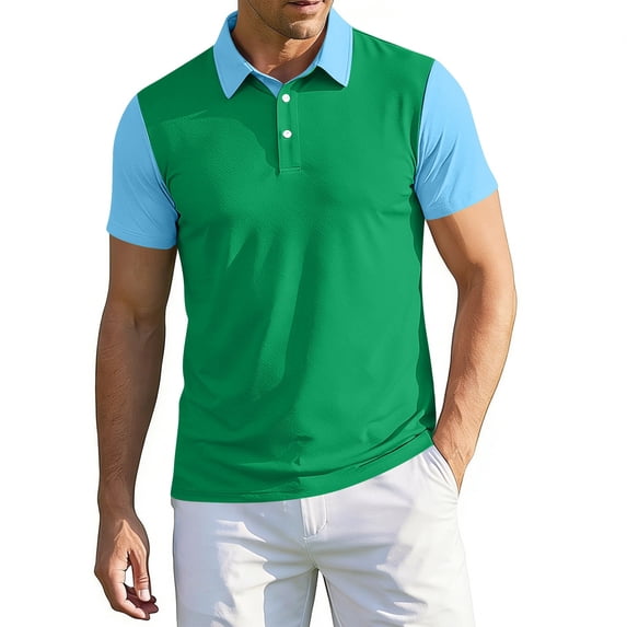Men's Casual Quick Dry Golf Polo Shirt Two Tone Color Block Short Sleeve Breathable Moisture Wicking Performance Top Button Placket Sportswear