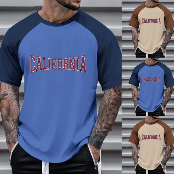 Men's Casual Raglan Short Sleeve California Letter Print Soft Basic Sports Baseball T Shirts Blue M