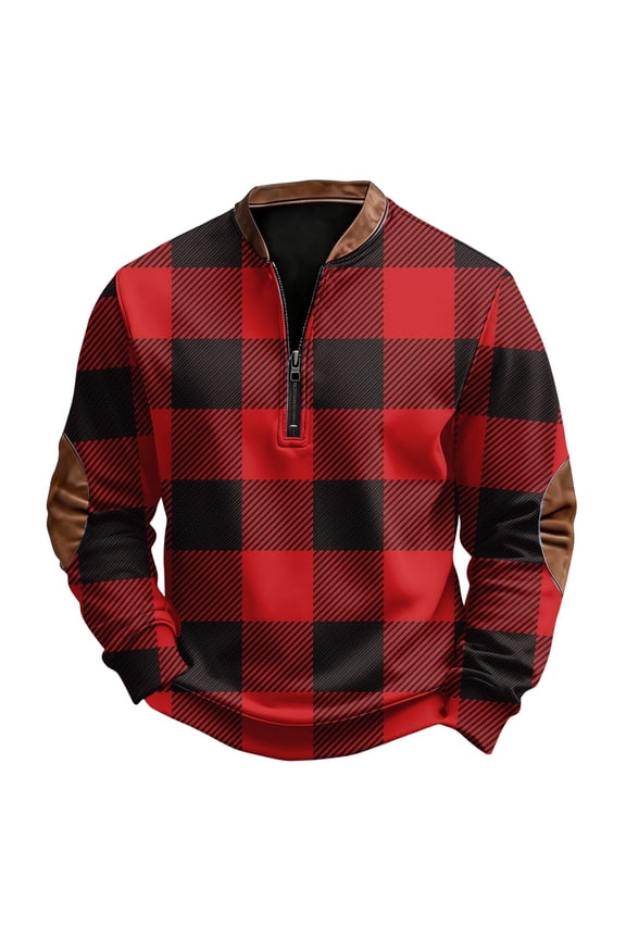 Men's Casual Retro American Checkered Print Round Neck Long Sleeve Half-Zip Pullover Sweatshirt - Trendy Streetwear, Comfort Fit, Soft Fabric for Everyday Style,Red,M