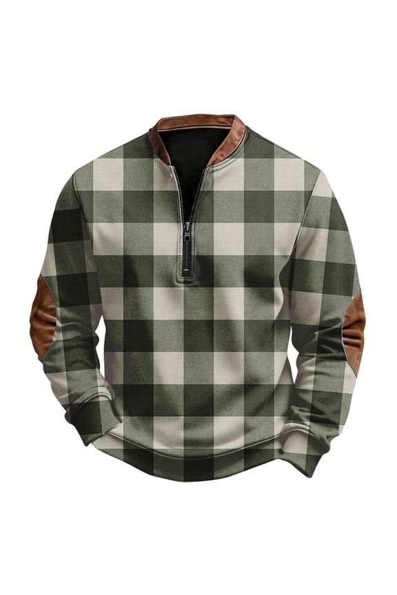 Men's Casual Retro American Checkered Print Round Neck Long Sleeve Half-Zip Pullover Sweatshirt - Trendy Streetwear, Comfort Fit, Soft Fabric for Everyday Style,Gray,M