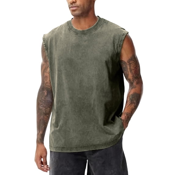 Men's Casual Retro Washed Muscle Tee Men's Round Neck Cotton Sleeveless Tank Top Men's Loose Fit Gym Vest