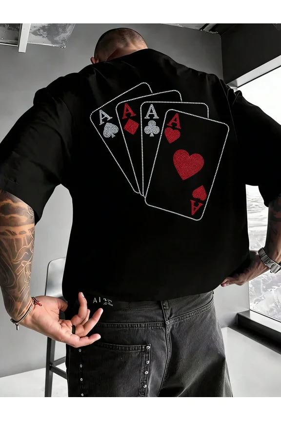 Men's Casual Rhinestone Four Aces Graphic Streetwear T-Shirt