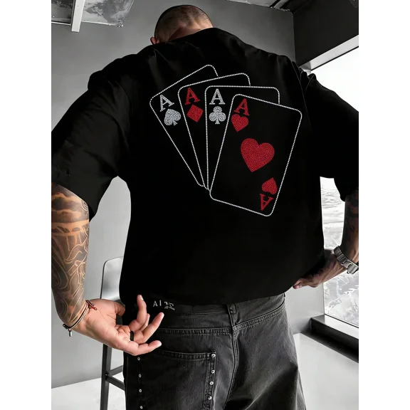 Men's Casual Rhinestone Four Aces Graphic Streetwear T-Shirt