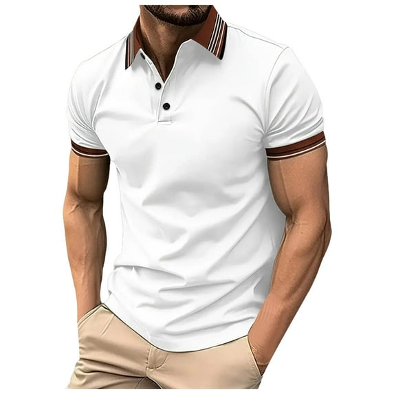 Men's Casual Ribbed Lapel Button Business Color Block T Shirt For Men