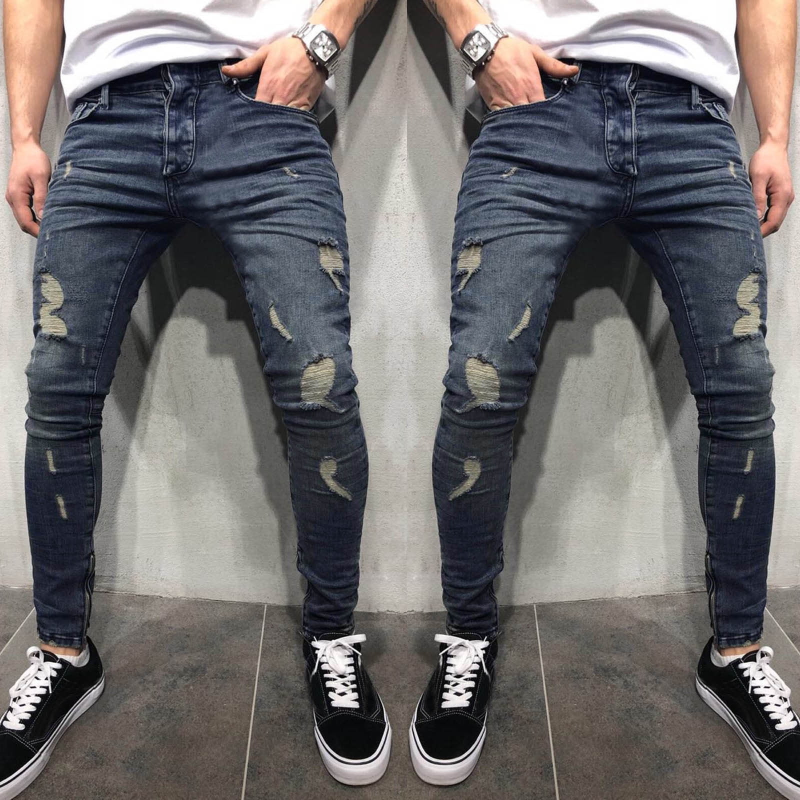 Mens Letter Print Ripped Skinny Jeans Slim Fit Stretchy Denim Pants Trousers