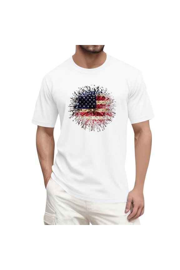 Men's Casual Round Neck Independence Day Tee, Fade-Resistant Graphic Print for Weekend Barbecues & Gatherings ,White 2XL