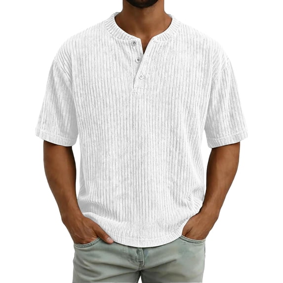 Men's Casual Round Neck Short Sleeve Button Up Shirt, Soft Cotton Top for Everyday Wear