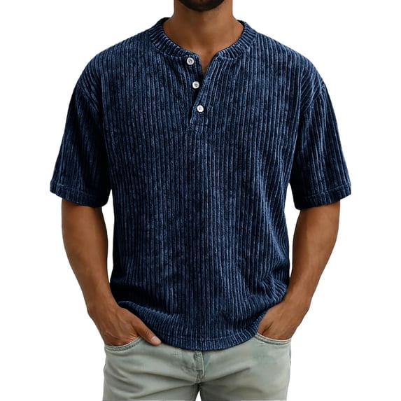 Men's Casual Round Neck Short Sleeve Button Up Shirt, Soft Cotton Top for Everyday Wear
