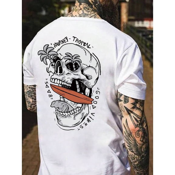 Men's Casual Round Neck Short Sleeve T-Shirt With Letter & Skull Print, Summer
