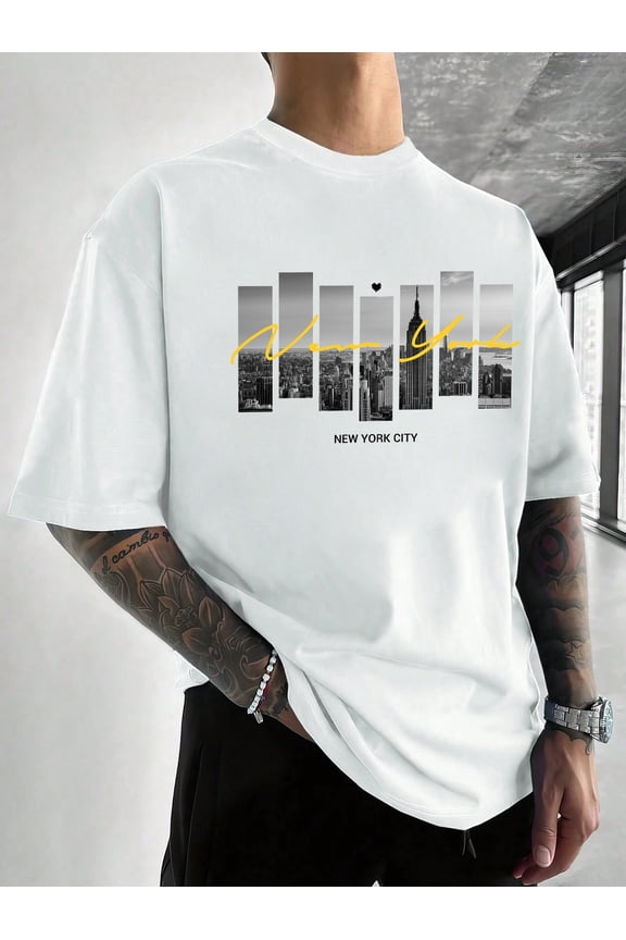 Men's Casual Round Neck T-Shirt - New York Style, Geometric Pattern, Polyester and Elastane Blend, Machine Washable, Summer Top, Base Layer, Versatile