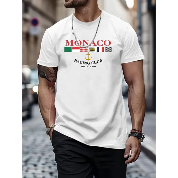 Men's Casual Round-Neck T-Shirt with Monaco Racing Club Print - Breathable Polyester, Machine Washable - Perfect for Spring & Summer