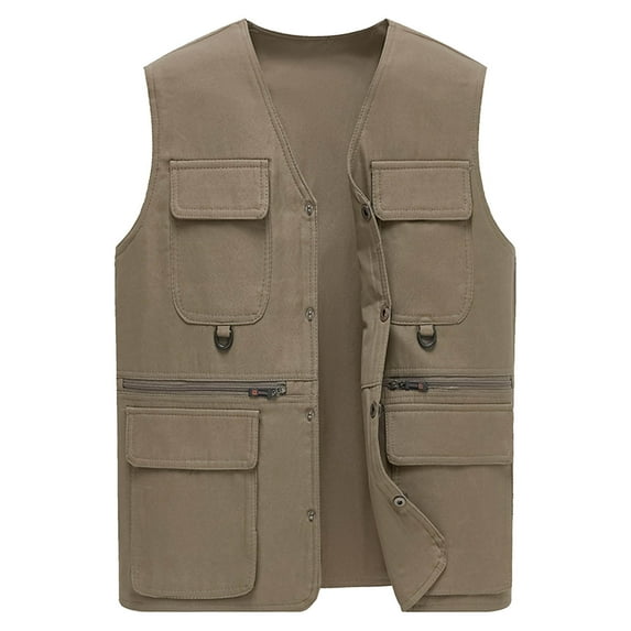 Men's Casual Safari Vest Lightweight Outdoor Fishing Work Travel Photo Cargo Sleeveless Jacket Multi Zip Pockets Waistcoat