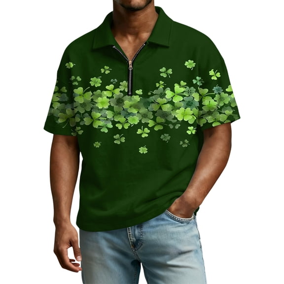 Men's Casual Saint Patrick Print Collared Zipper Neck Short Sleeve Top, Holiday Themed Sport Shirt for Festive Events,Army Green,M