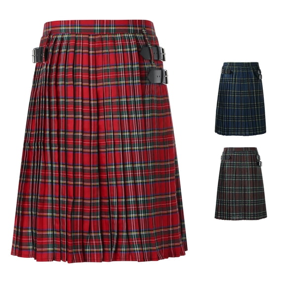 Men's Casual Scottish Plaid Pleated Skirt with Contrast Waistband