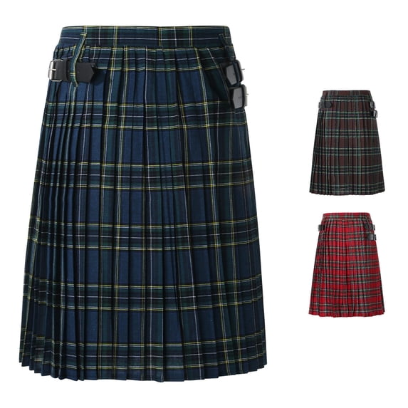 Men's Casual Scottish Plaid Pleated Skirt with Contrast Waistband