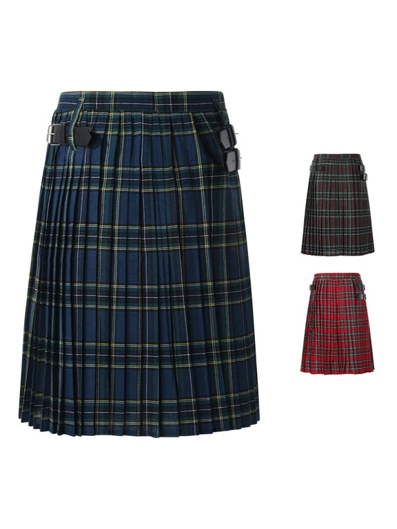 Men's Casual Scottish Plaid Pleated Skirt with Contrast Waistband