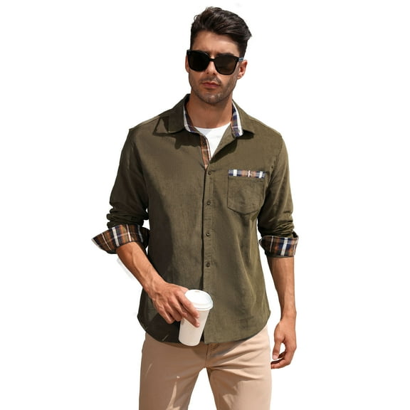 Men's Casual Shirt Corduroy Plaid Button Down Work Shirt Jacket with Pocket Shirts