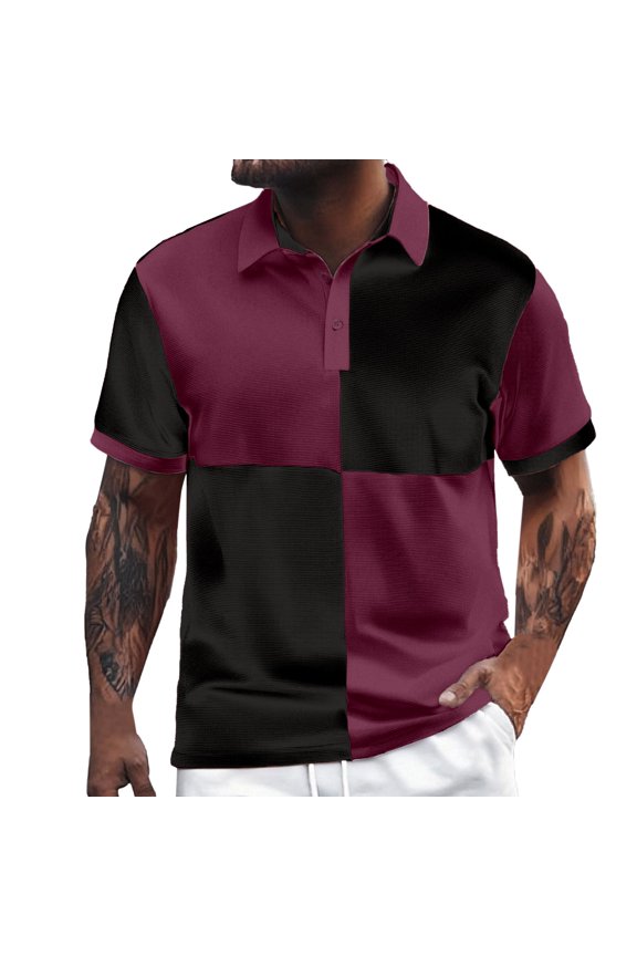 Men's Casual Shirt European Color Block Design Loose Fit Comfortable Business Lapel Button Short Sleeve Stylish Foreign Trade Men's Oversized Tshirts Workout T-Shirt