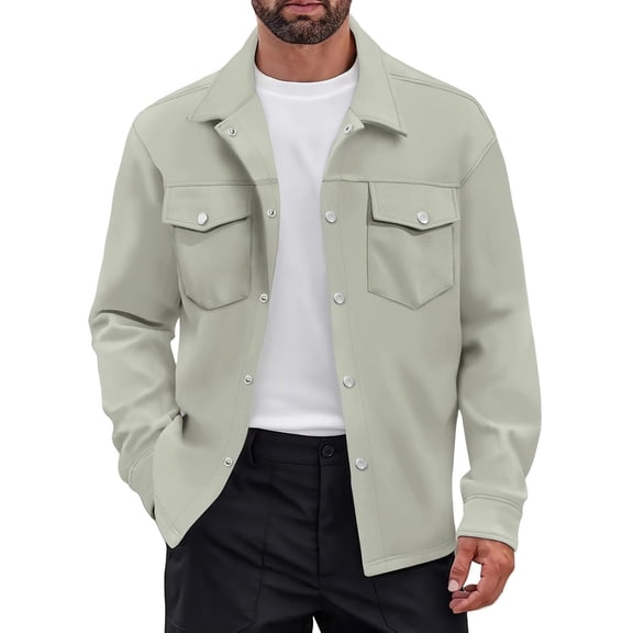 Men's Casual Shirt Jacket Cotton Long Sleeve Snap Buttons Overshirt Fall Fashion Lightweight Shacket with Pockets