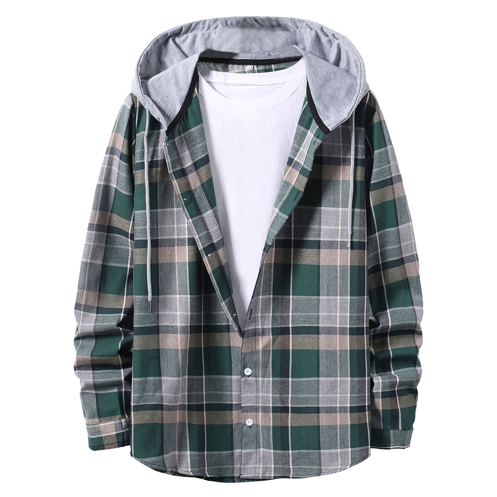 PRJN Men's Buttons Hooded Sweatshirt Men Hooded Plaid Shirts