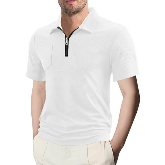 Men's Casual Shirt, Short Sleeve Breathable Waffle Knit Top with Full Zip and Lapel Collar, Loose Fit Pocket T-Shirt for Summer
