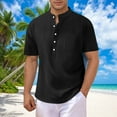 thumbnail image 1 of Men's Casual Shirt, Short Sleeve Button Up Loose Fit Breathable Top, 100% Polyester Stand Collar Shirt with Pockets, 1 of 8