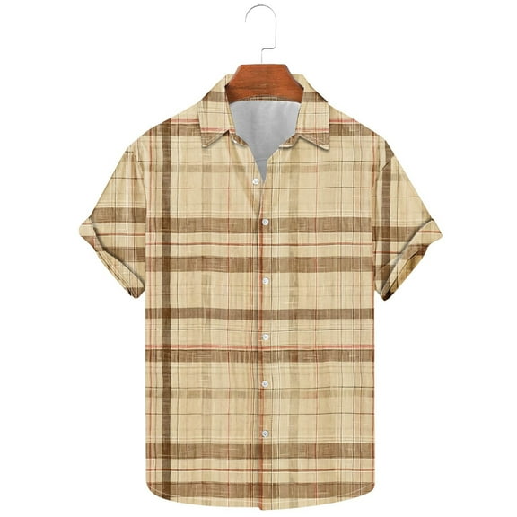 Men's Casual Shirt Summer Fashion Retro Plaid Splicing Print Shirts Beach Vacation Cardigan Short Sleeve Lapel Button Blouse Top