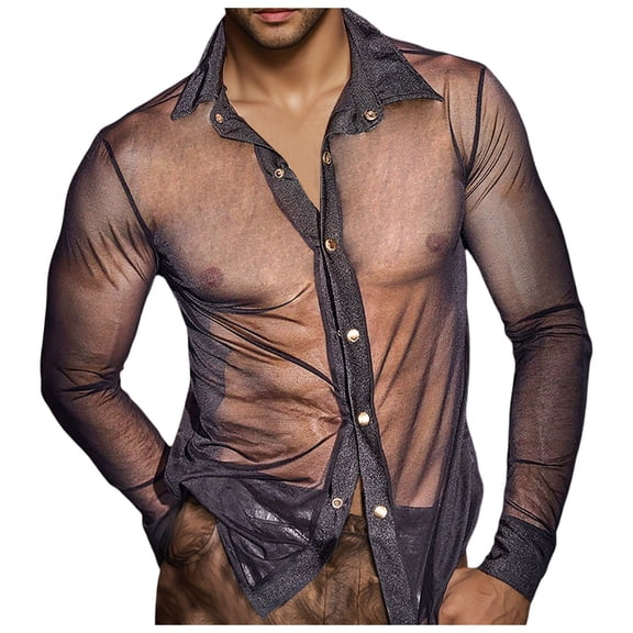 Men's Casual Shirts Breathable Summer See-Through Shirt for Nightclub Performance Stylish Wet Look Muscle Line Top