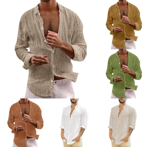 Men's Casual Shirts Men's Solid Cotton Linen Turn Down Collar Shirts Long Sleeve Hippie Casual Beach T Shirts Lightweight Breathable Men's Linen Shirts Beige L