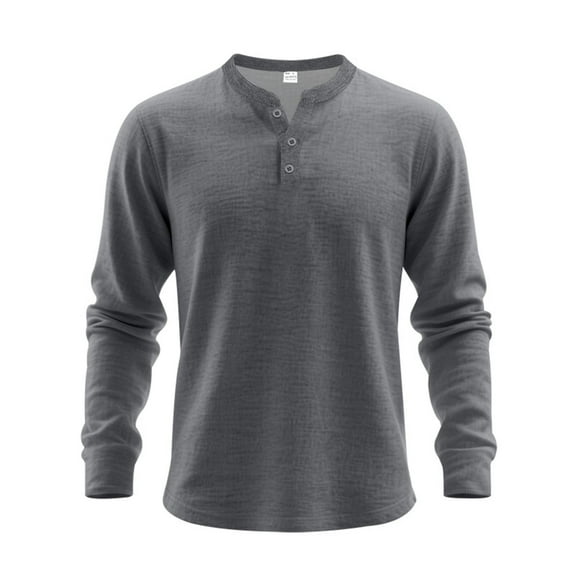 Men's Casual Shirts Round Neck Long Sleeve Button Henley Shirts Solid Color Pullover Lightweight Fall Base Blouse (M, Dark Gray)
