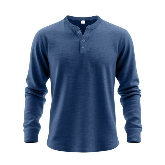 Men's Casual Shirts Round Neck Long Sleeve Button Henley Shirts Solid Color Pullover Lightweight Fall Base Blouse (XXL, Dark Blue)