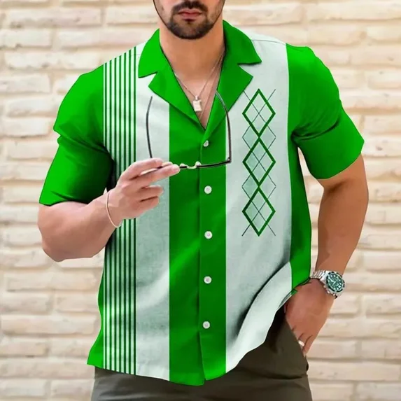 Men's Casual Shirts Shirt Bowling Striped Graphic Prints Geometry Cuban Collar Black Light Green Wine Blue Outdoor Short Sl