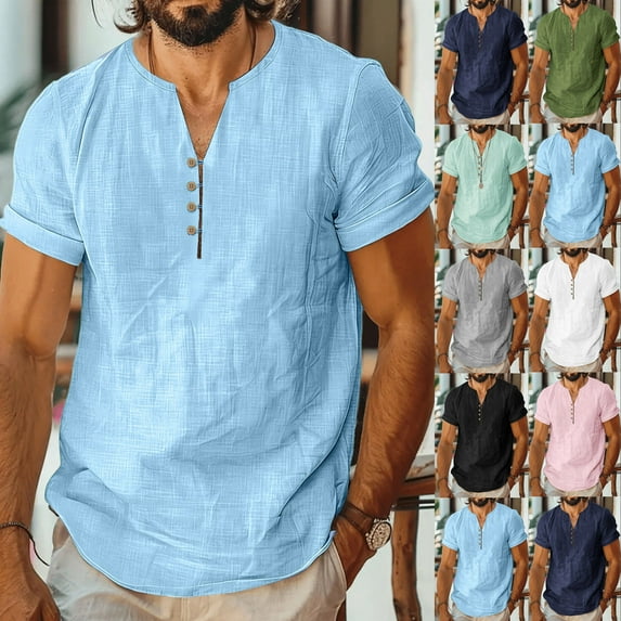 Men's Casual Shirts Short Sleeve V-Neck Solid Color Button-up Pullover Shirts Men's Casual Loose Leisure Breathable Tops