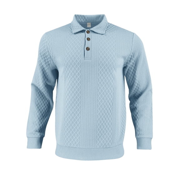 Men's Casual Shirts Solid Color Jacquard Long Sleeve Lapel Collar 1/4 Button Down Loose T-Shirt Blouse Tops (3XL, Light Blue)